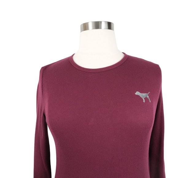 NWT Victoria's Secret PINK Burgundy Long Sleeve Waffle Knit Crop Thermal L NEW - Picture 2 of 12